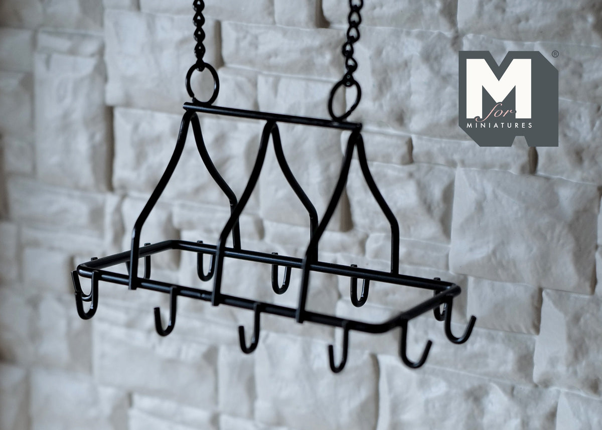 1:12 Scale Miniature Metal Ceiling Pot Rack with S Hooks and Chains, 3-3/4 inch long, DIY Dollhouse Supply (black)