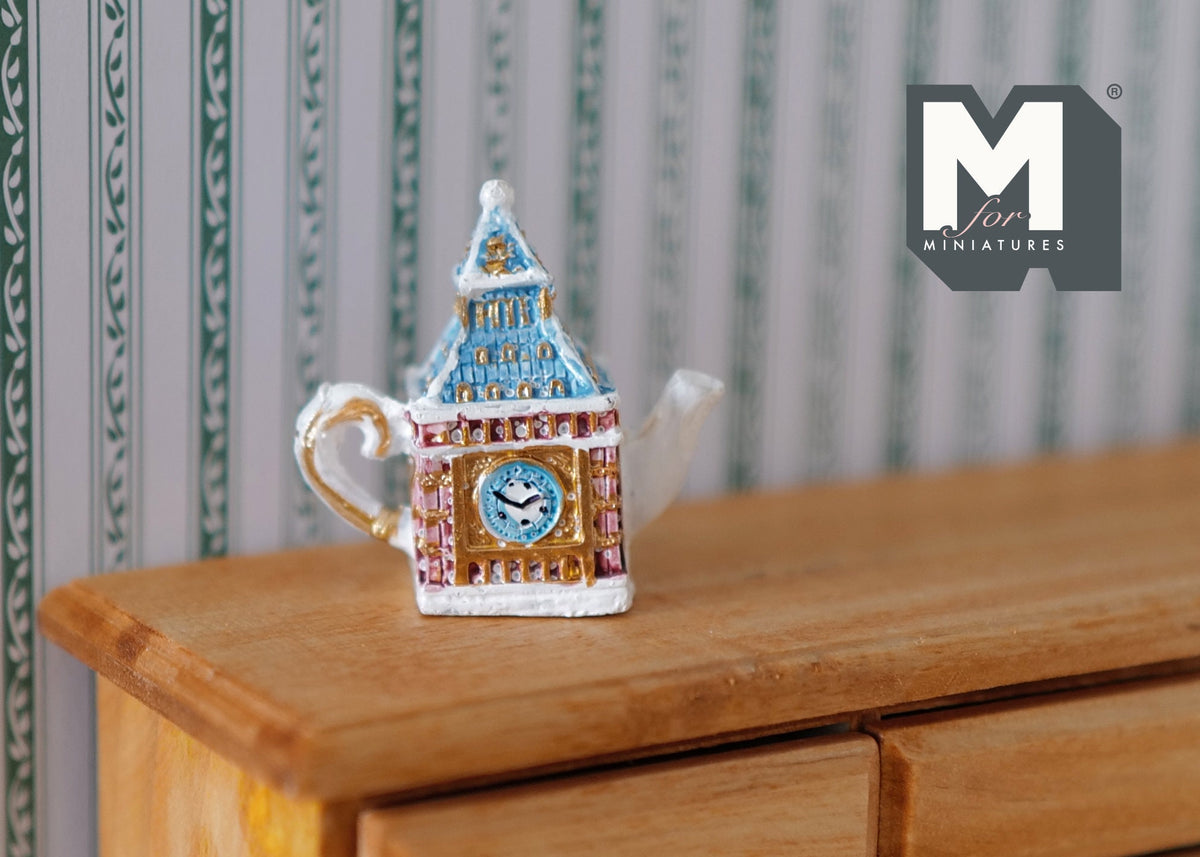 1:12 Scale Miniature Clock Tower Teapot, Fixed Lid, 1-3/8 inch tall, DIY Dollhouse Supply