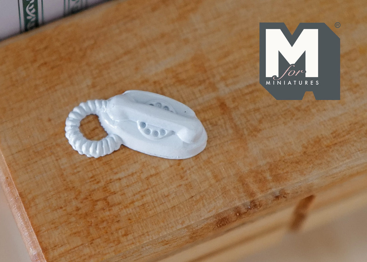 1:12 Scale Miniature Push Button Telephone with Coiled Cord, 1 inch long, DIY Dollhouse Supply (white)