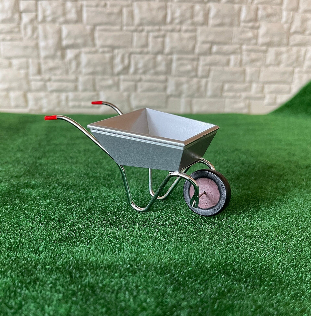 1:12 Scale Miniature Metal Wheelbarrow, Red Wheel and Grips, 3-3/4 inch long, DIY Dollhouse Supply