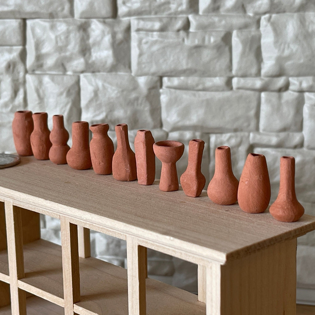 1:12 Scale Miniature Terracotta Vases, Set of 12, Assorted Shapes, 11/16 inch tall, DIY Dollhouse Supply (extra small)