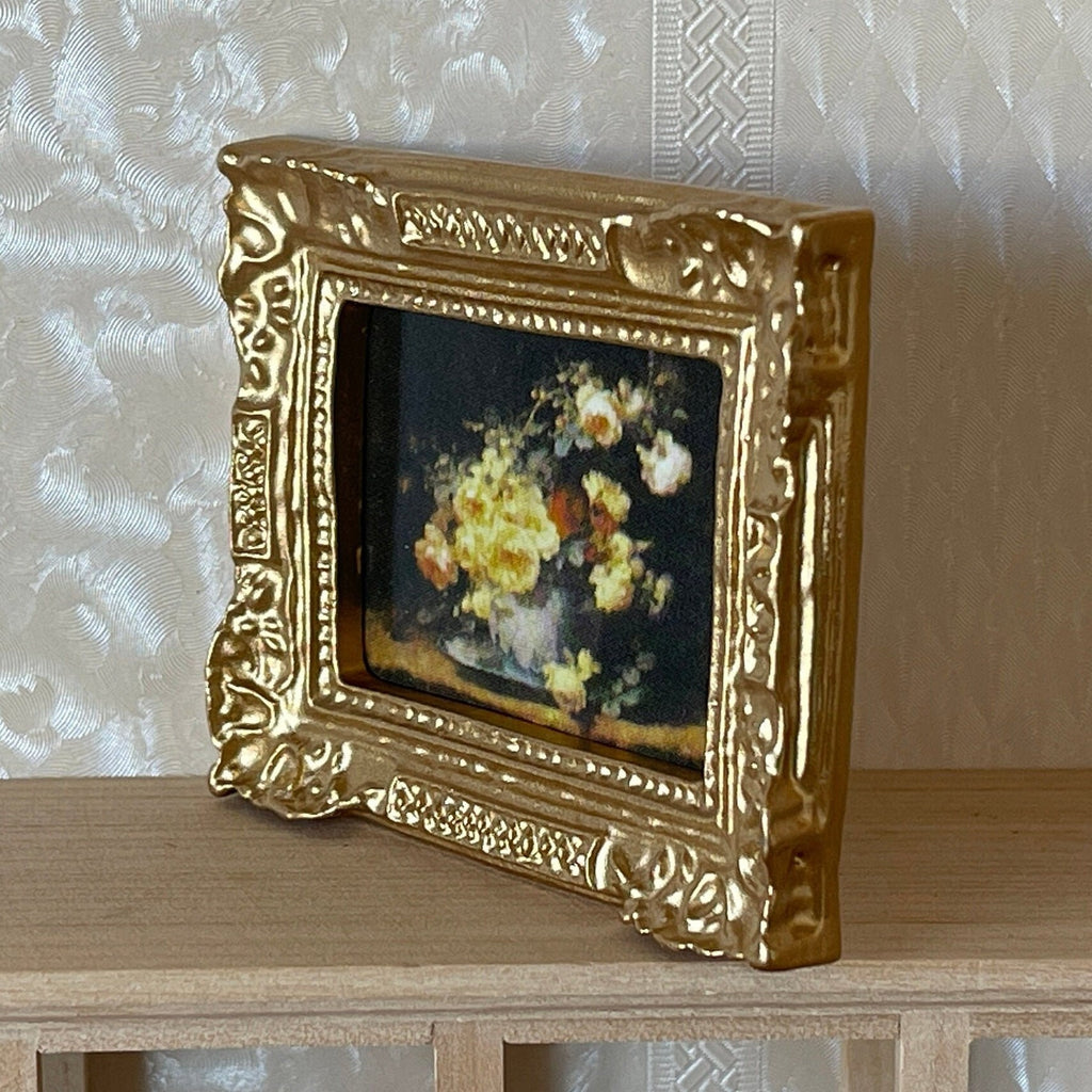 1:12 Scale Miniature Flower Painting in Ornate Frame, 2-3/8 inch wide, DIY Dollhouse Supply (gold)