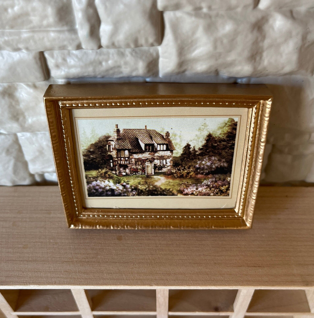1:12 Scale Miniature Cottage Garden Painting in Ornate Frame, 2-13/16 inch wide, DIY Dollhouse Supply (gold)