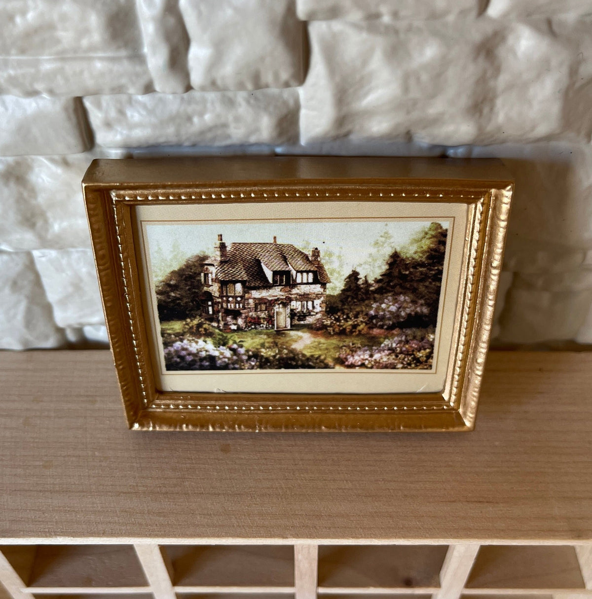 1:12 Scale Miniature Cottage Garden Painting in Ornate Frame, 2-13/16 inch wide, DIY Dollhouse Supply (gold)