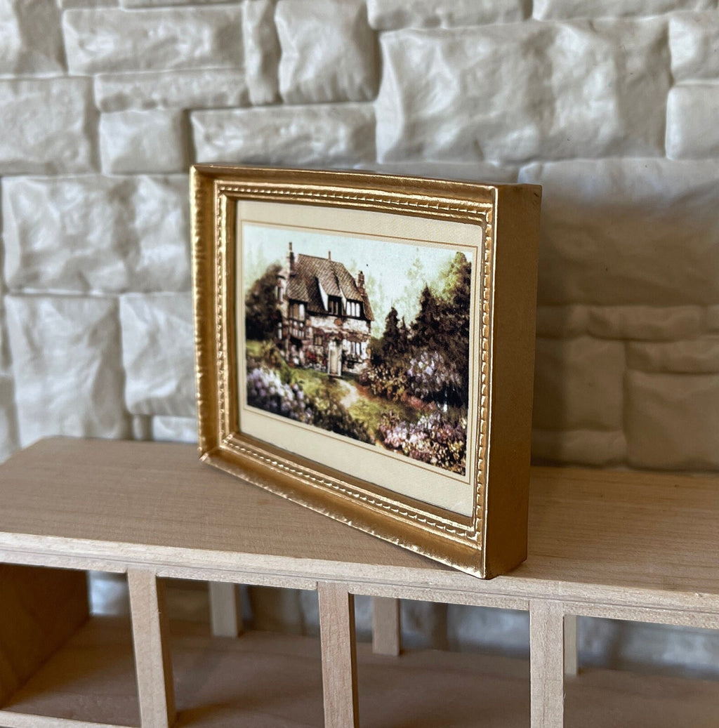 1:12 Scale Miniature Cottage Garden Painting in Ornate Frame, 2-13/16 inch wide, DIY Dollhouse Supply (gold)