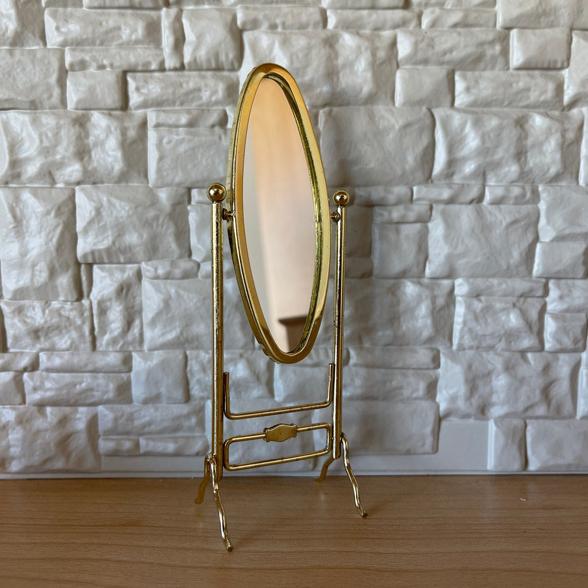 1:12 Scale Miniature Metal Cheval Mirror, Oval, Free Standing, 5-7/16 inch tall, DIY Dollhouse Supply (brass)