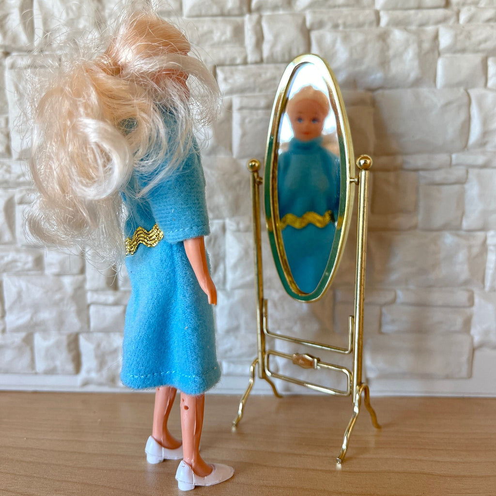 1:12 Scale Miniature Metal Cheval Mirror, Oval, Free Standing, 5-7/16 inch tall, DIY Dollhouse Supply (brass)