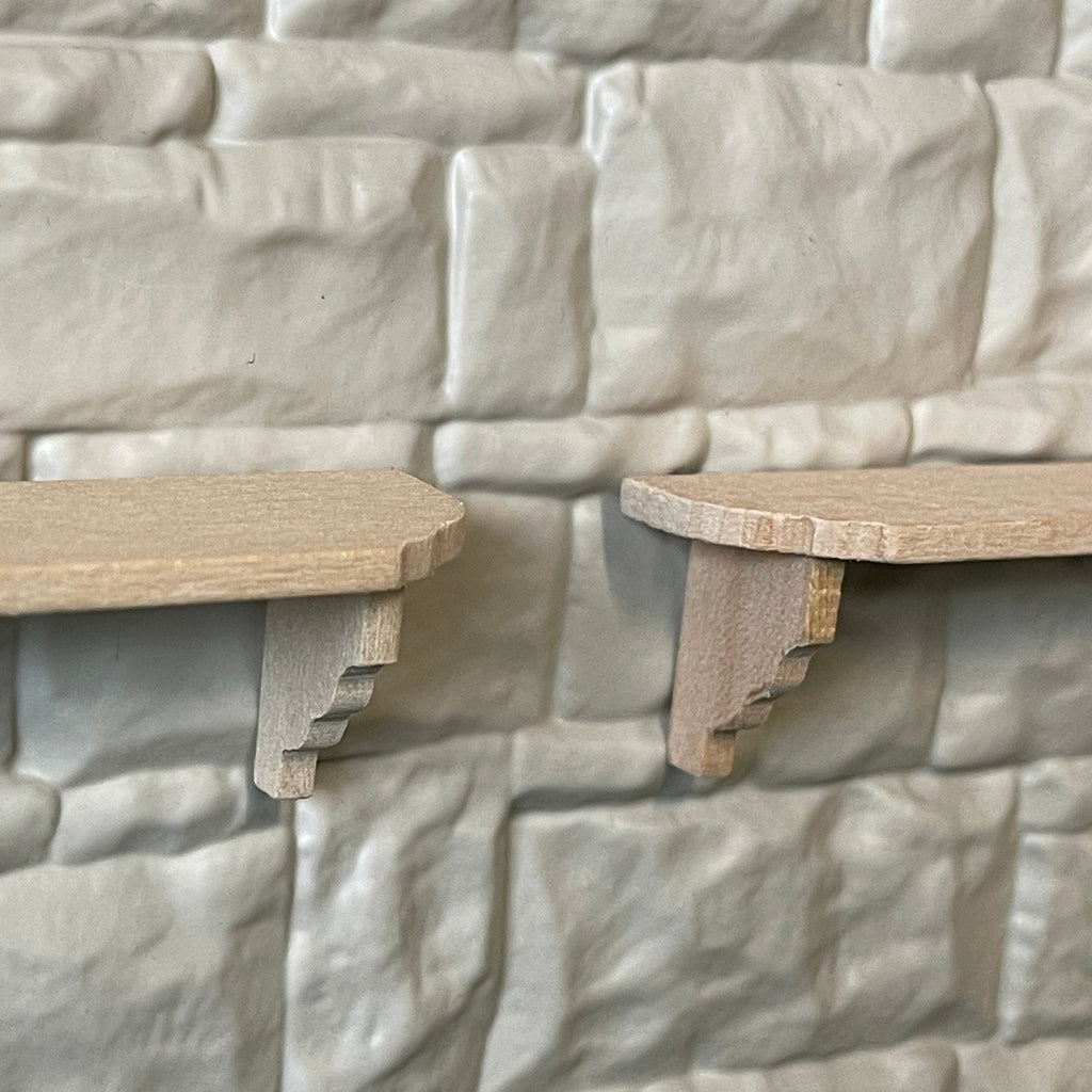 1:12 Scale Miniature Unpainted Wood Wall Shelf with Stepped Brackets, Set of 2, 4-5/16 inch long, DIY Dollhouse Supply