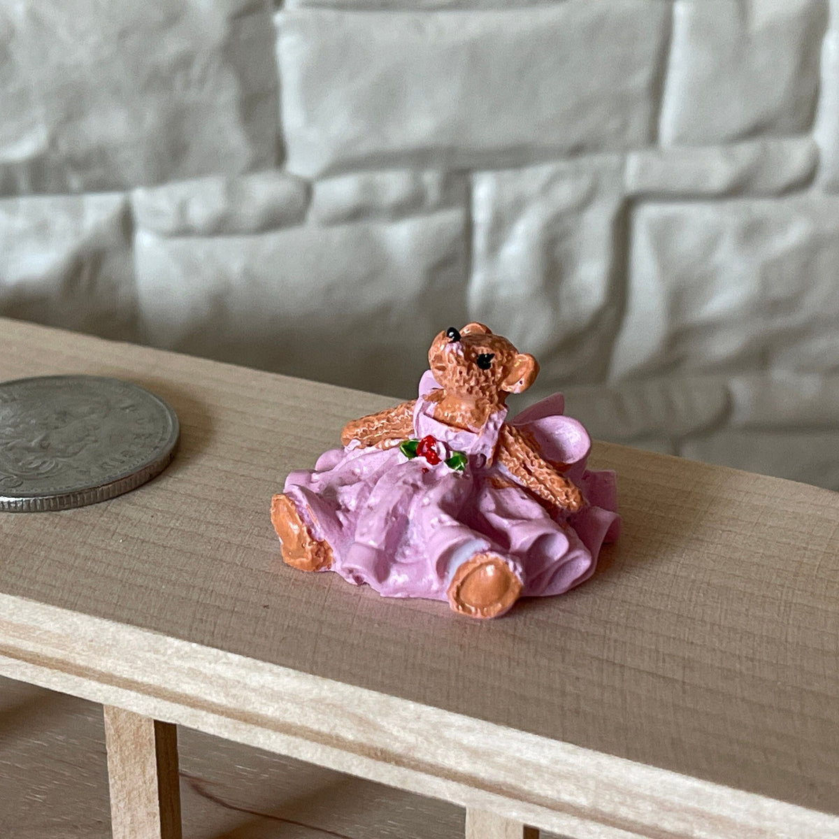 1:12 Scale Miniature Bear Figurine in Ruffled Dress, Sitting, 13/16 inch tall, DIY Dollhouse Supply (pink)