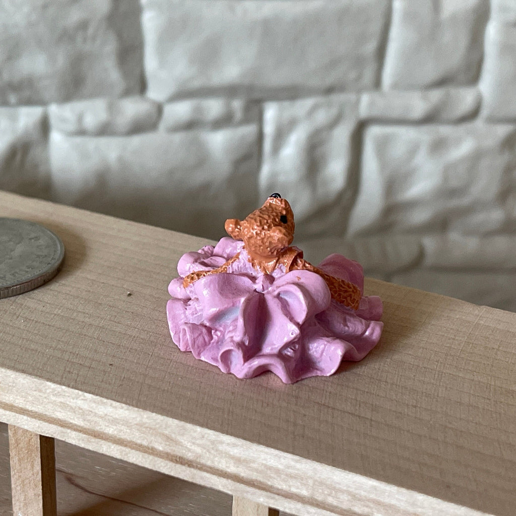 1:12 Scale Miniature Bear Figurine in Ruffled Dress, Sitting, 13/16 inch tall, DIY Dollhouse Supply (pink)