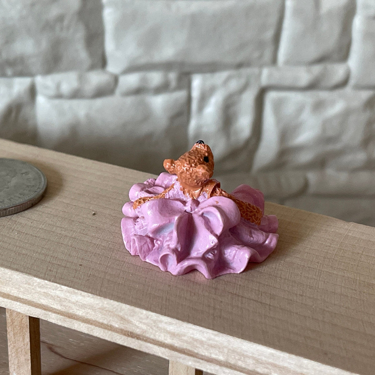 1:12 Scale Miniature Bear Figurine in Ruffled Dress, Sitting, 13/16 inch tall, DIY Dollhouse Supply (pink)