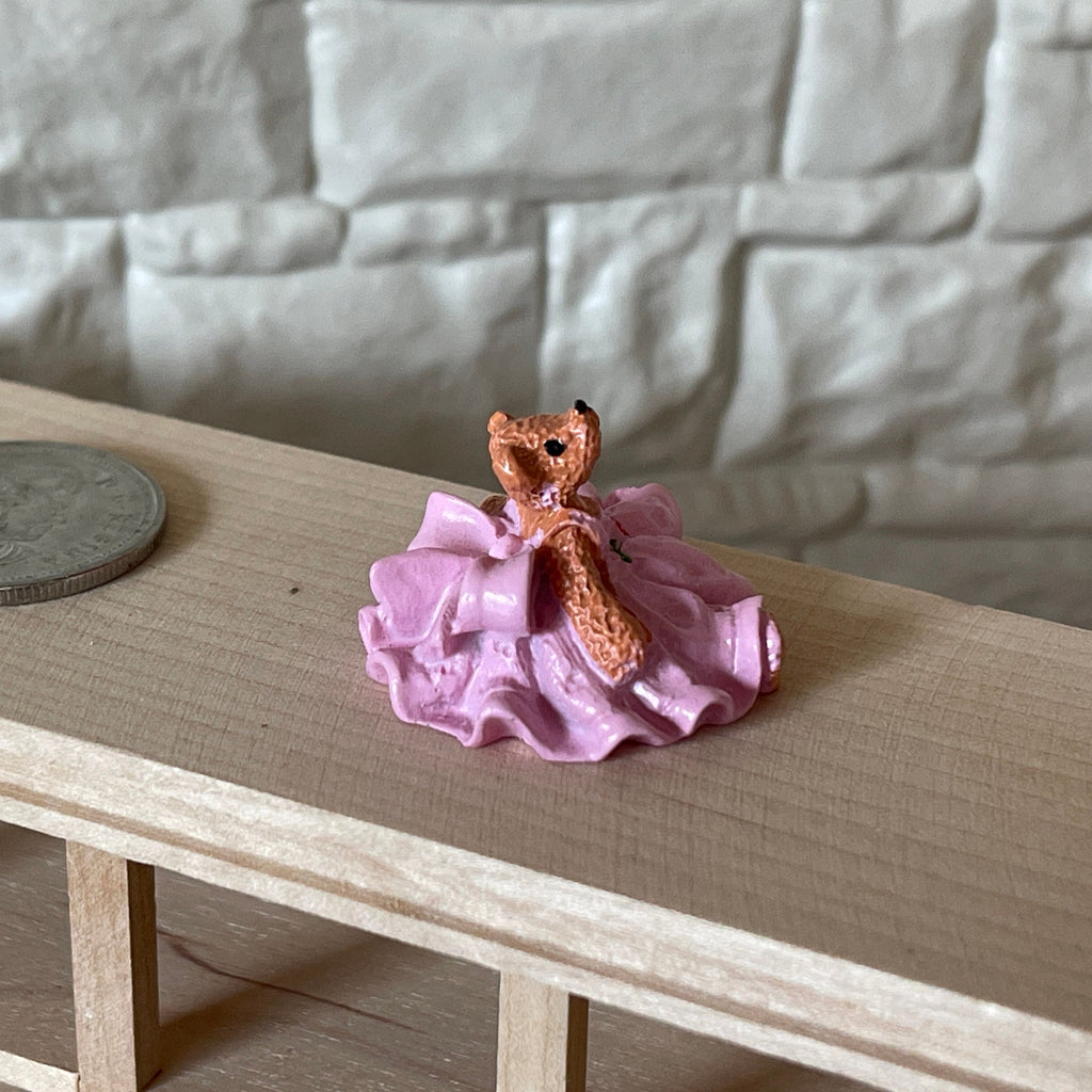 1:12 Scale Miniature Bear Figurine in Ruffled Dress, Sitting, 13/16 inch tall, DIY Dollhouse Supply (pink)