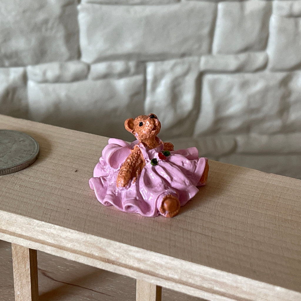 1:12 Scale Miniature Bear Figurine in Ruffled Dress, Sitting, 13/16 inch tall, DIY Dollhouse Supply (pink)