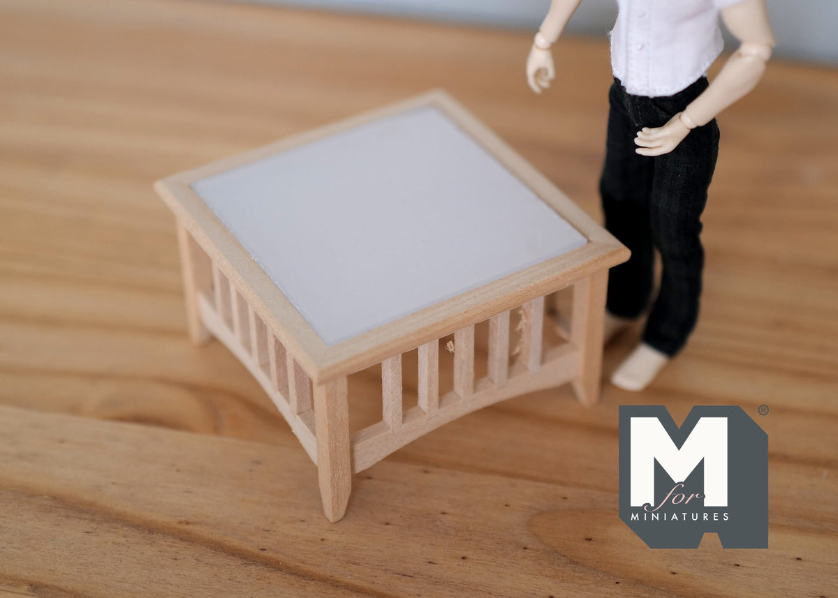 1:12 Scale Miniature Unpainted Wood Coffee Table, Slatted Sides, 2-15/16 inch square, DIY Dollhouse Supply