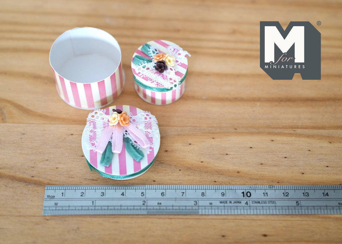 1:12 Scale Miniature Striped Hat Boxes with Floral Lids, Set of 2, 1-9/16 inch dia., DIY Dollhouse Supply