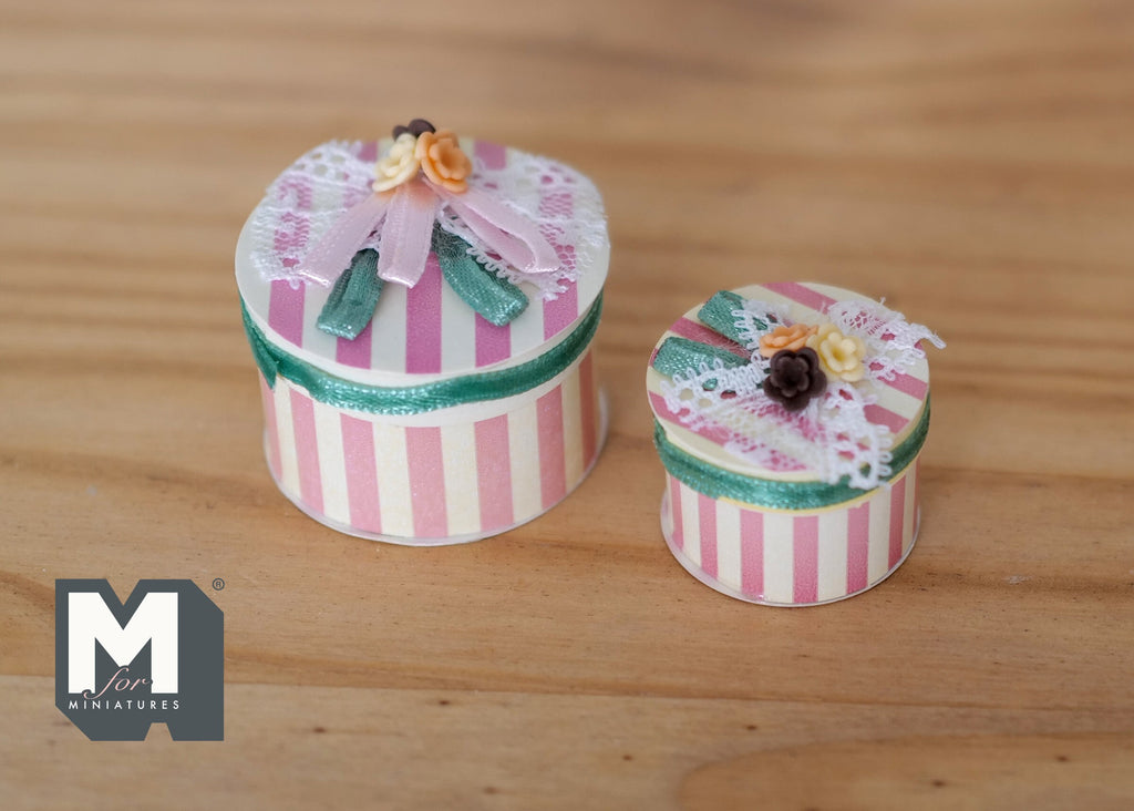 1:12 Scale Miniature Striped Hat Boxes with Floral Lids, Set of 2, 1-9/16 inch dia., DIY Dollhouse Supply