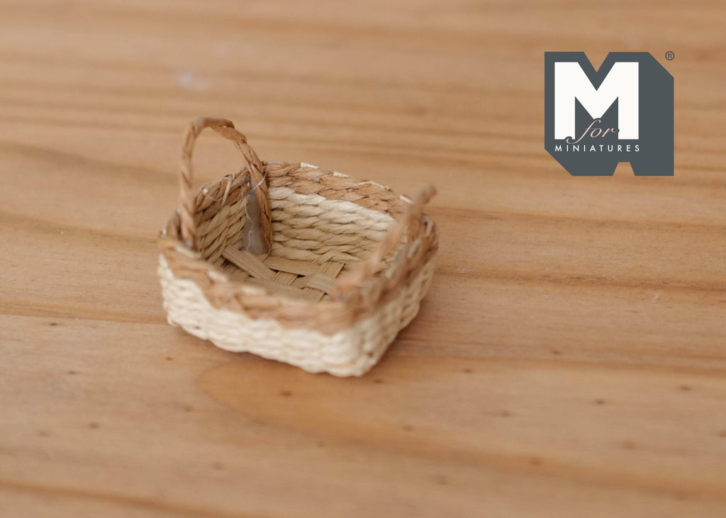 1:12 Scale Miniature Rectangular Rope Basket with 2 Handles, 1-3/8 inch long, DIY Dollhouse Supply