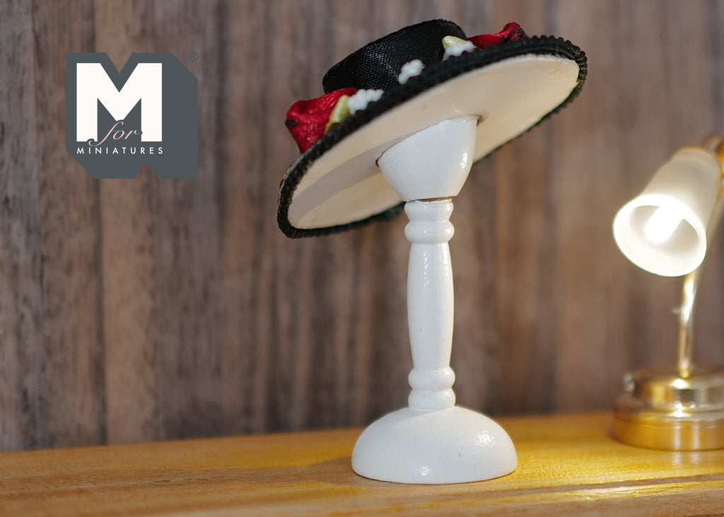1:12 Scale Miniature Boater Hat with Hat Stand, Band and Flower Trim, 2-3/8 inch tall, DIY Dollhouse Supply (fixed) (black)