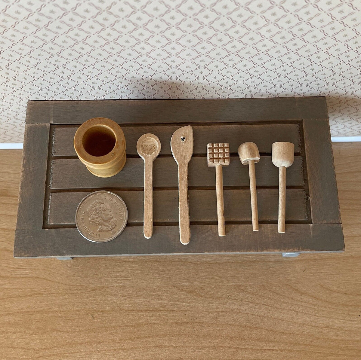 Dollhouse miniature large size wooden cooking utensils set in pot set of 6 - D042
