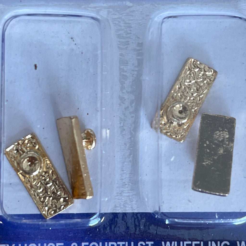 1:12 Scale Miniature Knobs with Embossed Rectangular Backplates, Set of 4, 9/16 inch tall, DIY Dollhouse Supply (brass)