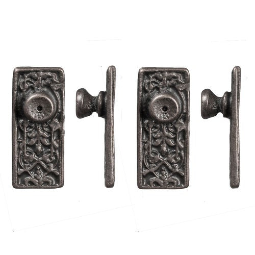 1:12 Scale Miniature Knobs with Embossed Rectangular Backplates, Set of 4, 9/16 inch tall, DIY Dollhouse Supply (gunmetal)