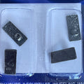 1:12 scale miniature knobs with embossed rectangular backplates in gunmetal, set of 4, shown in clear blister pack