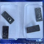 1:12 scale miniature knobs with embossed rectangular backplates in gunmetal, set of 4, shown in clear blister pack