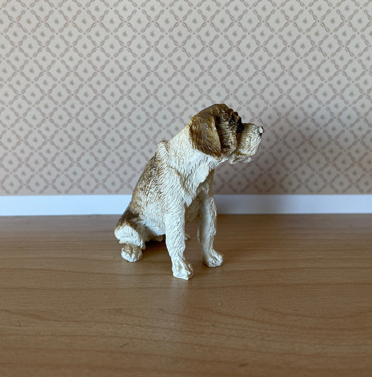 1:12 Scale Miniature Saint Bernard Dog Figurine, Sitting, 2-3/8 inch tall, DIY Dollhouse Supply (brown and white)