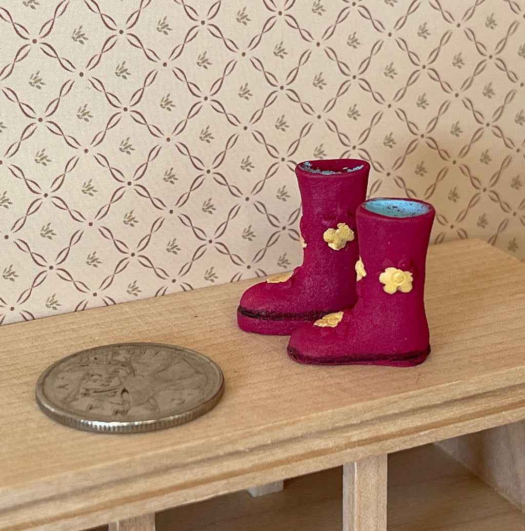 1:12 Scale Miniature Rubber Rain Boots, Pair, 15/16 inch tall, DIY Dollhouse Supply (pink with flowers)