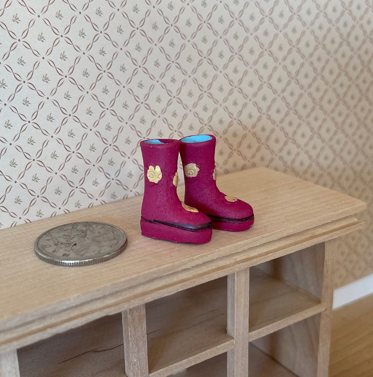 1:12 Scale Miniature Rubber Rain Boots, Pair, 15/16 inch tall, DIY Dollhouse Supply (pink with flowers)