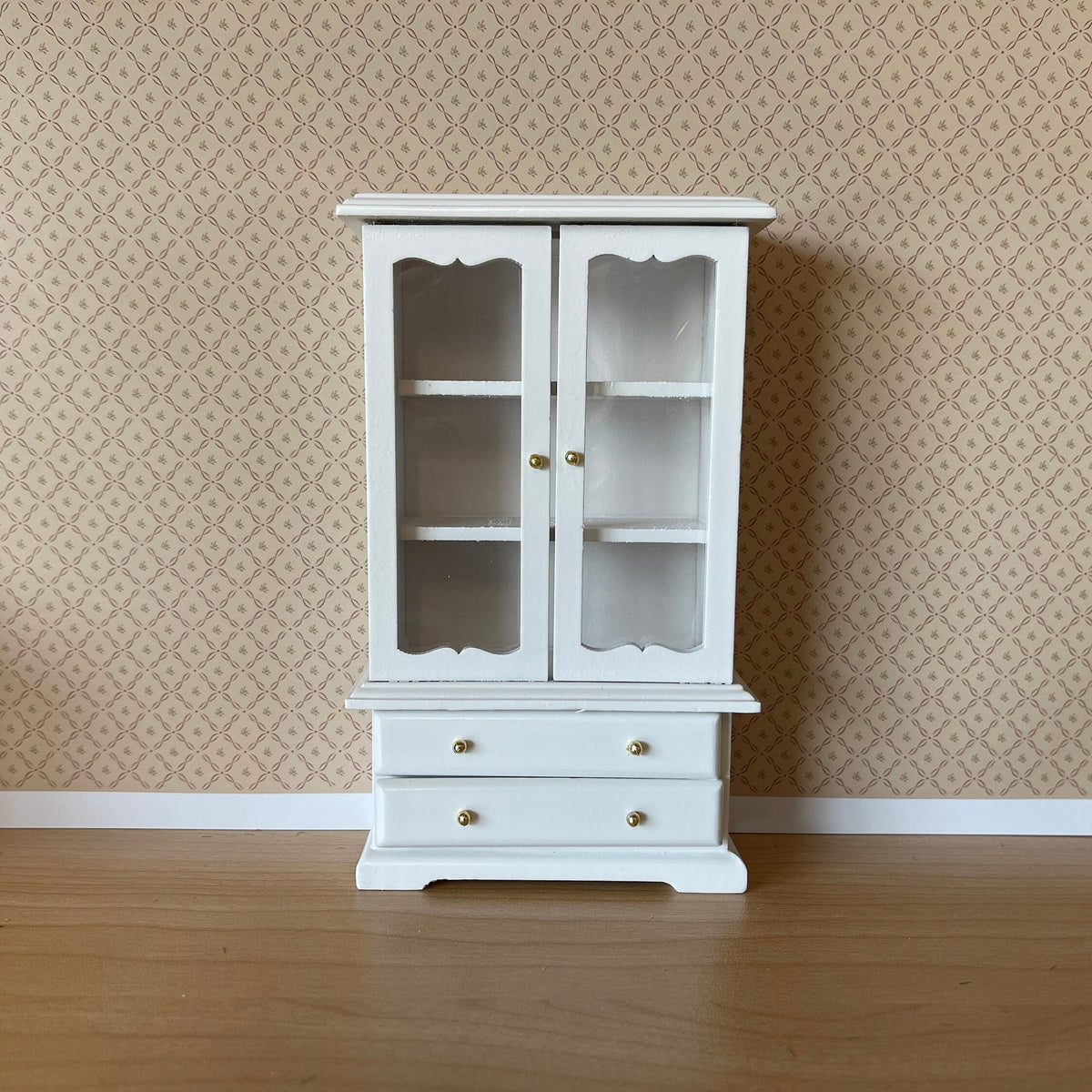 1:12 Scale Miniature Wood Dish Cabinet with Glass Doors and Drawers, 6 inch tall, DIY Dollhouse Supply (white)