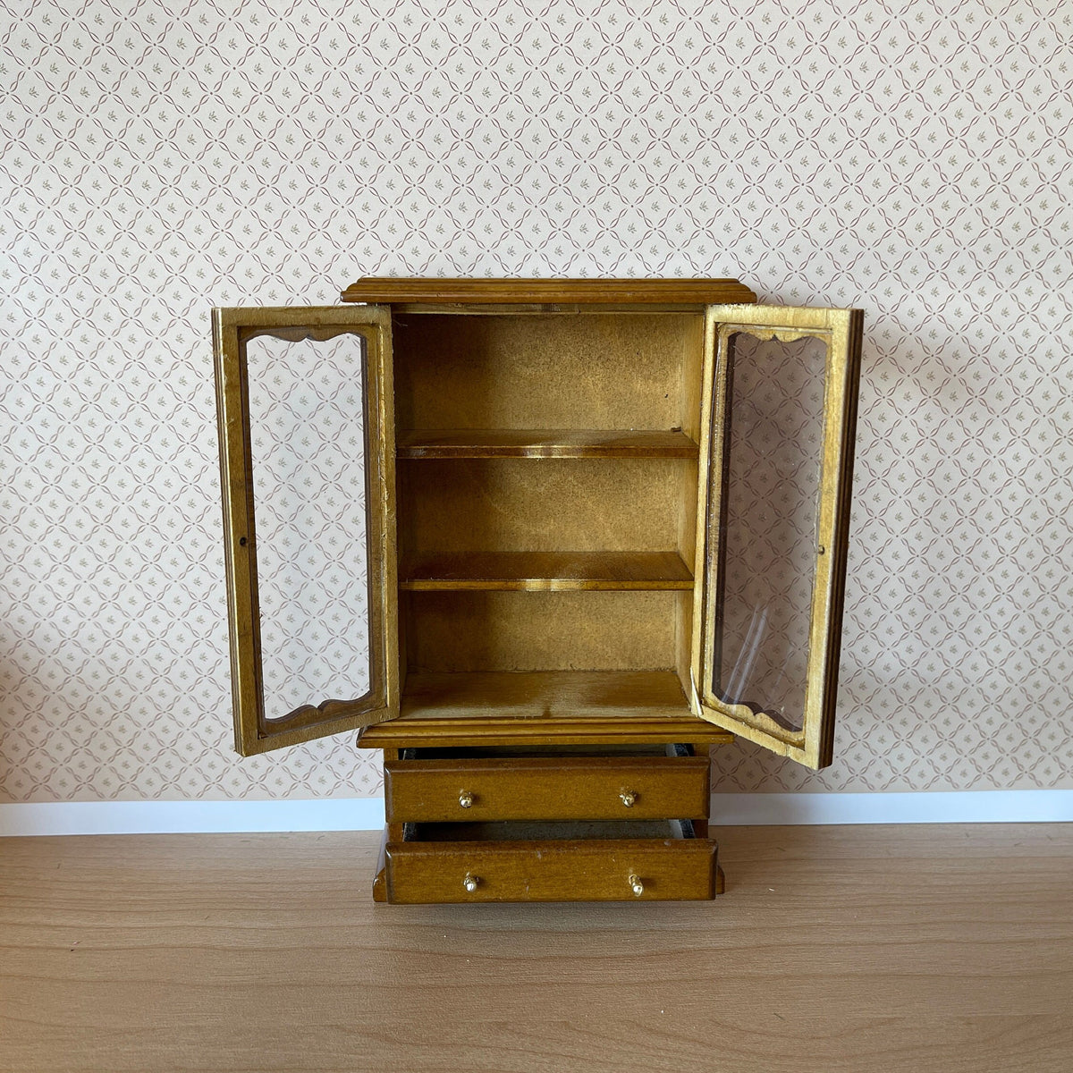 1:12 Scale Miniature Wood Dish Cabinet with Glass Doors and Drawers, 6 inch tall, DIY Dollhouse Supply (walnut)