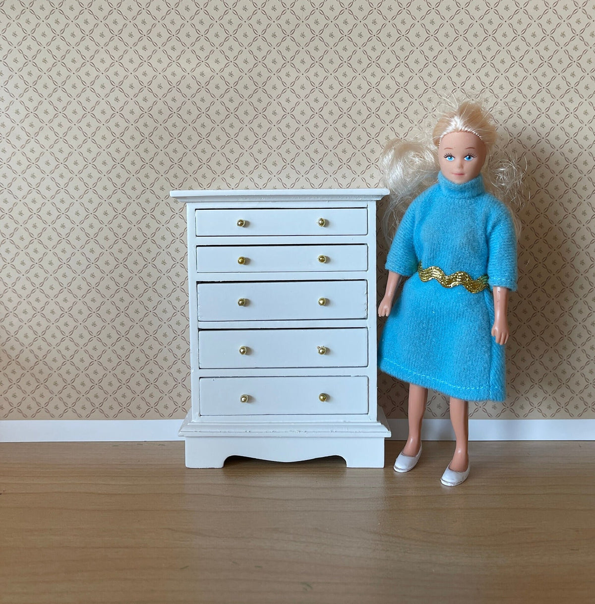 1:12 Scale Miniature Wood Tall Dresser, 5 Drawers, 4-3/8 inch tall, DIY Dollhouse Supply (white)