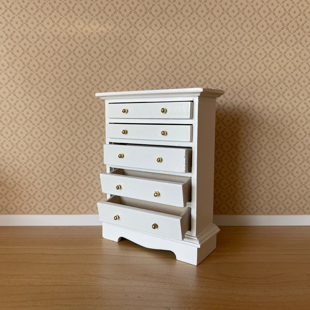 1:12 Scale Miniature Wood Tall Dresser, 5 Drawers, 4-3/8 inch tall, DIY Dollhouse Supply (white)