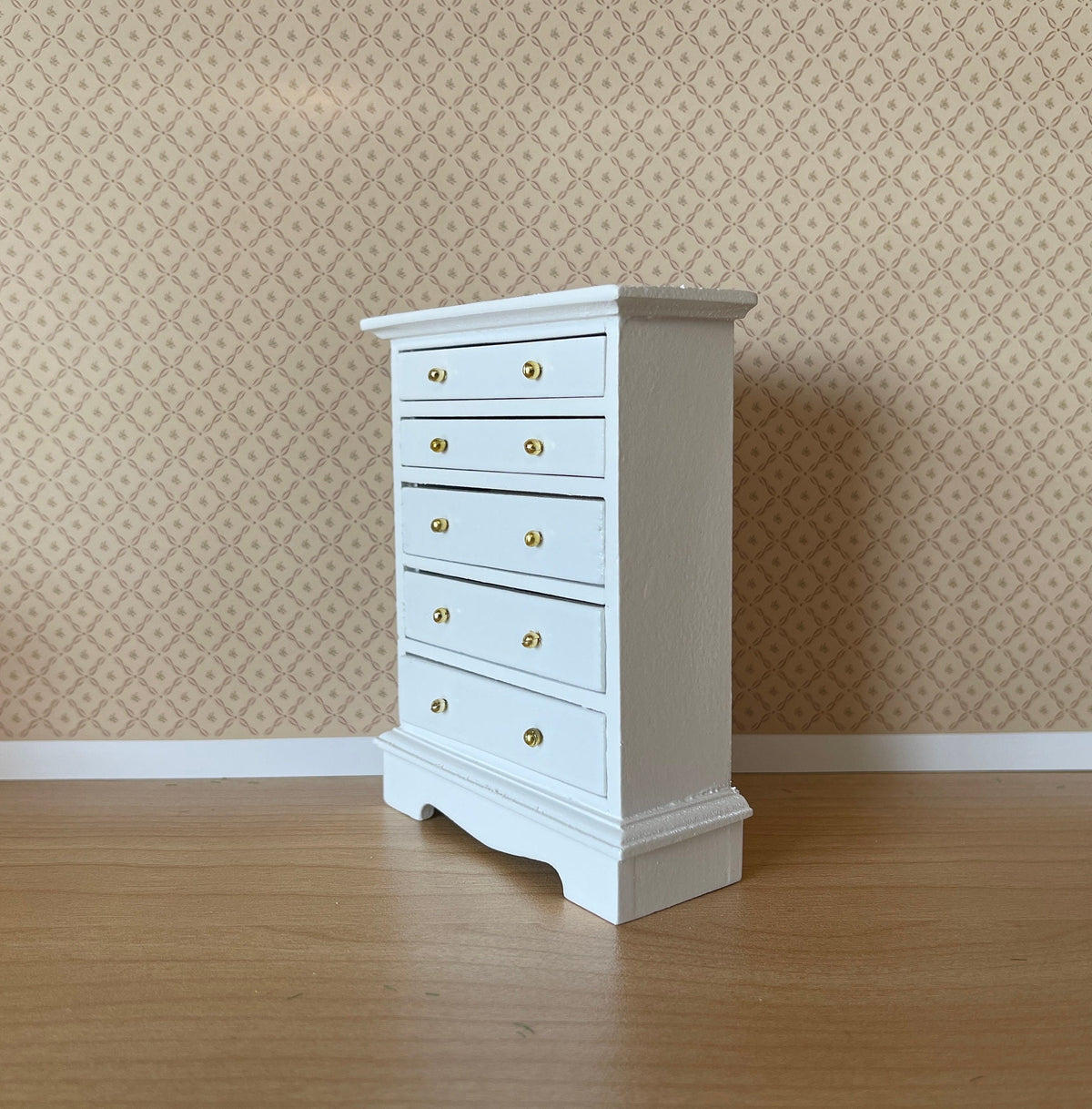 1:12 Scale Miniature Wood Tall Dresser, 5 Drawers, 4-3/8 inch tall, DIY Dollhouse Supply (white)