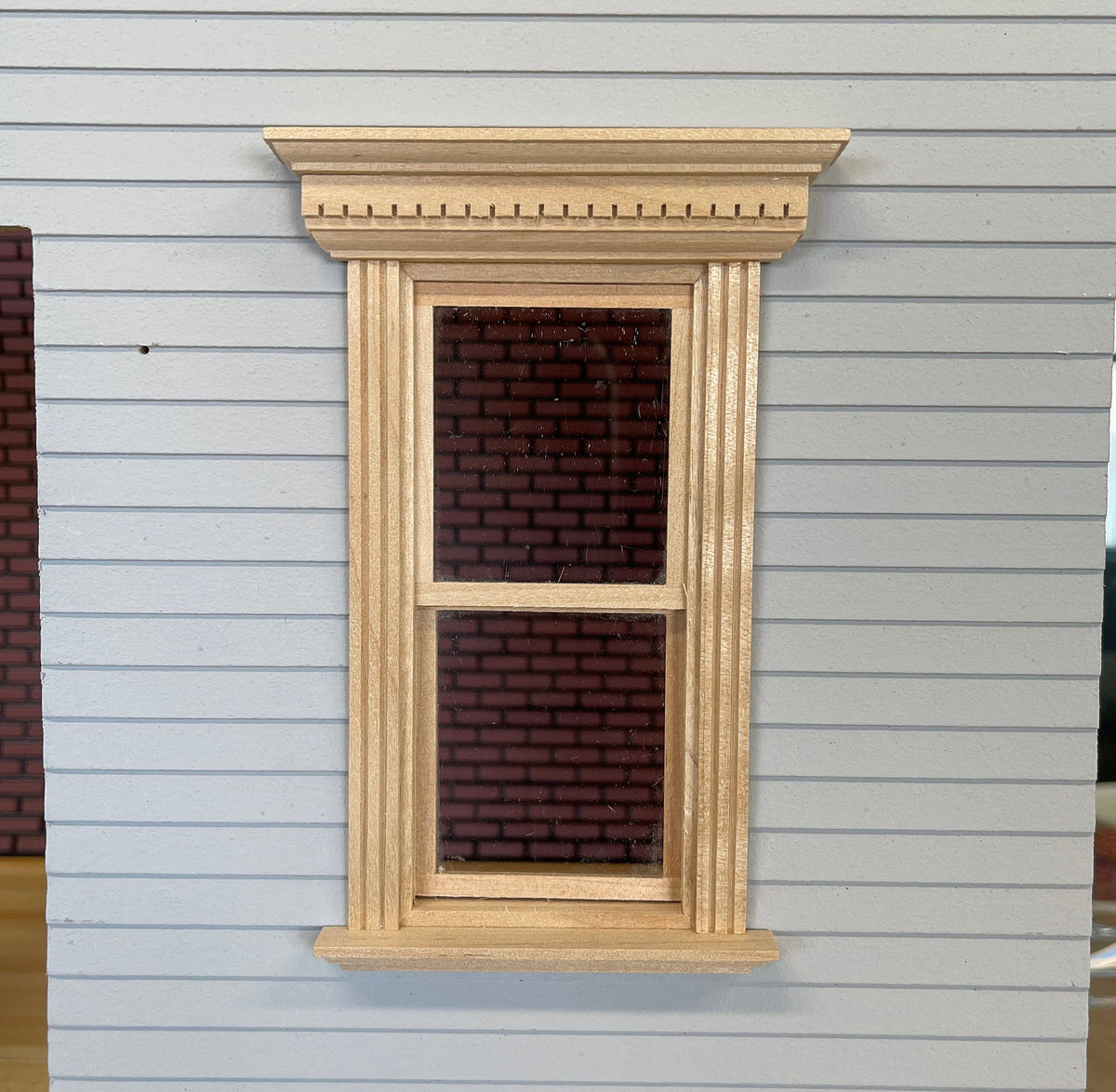 1:12 Scale Miniature Double Hung Window with Dentil Pediment and Back Trim, 5-11/16 inch high Dollhouse Supply