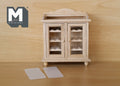 1:12 scale miniature unpainted wood wine cabinet with 2 glazed doors and scalloped top, clear door panels shown in front