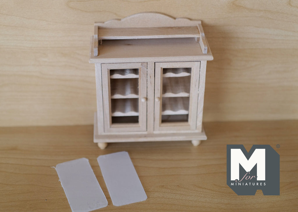 1:12 Scale Miniature Unpainted Wood Wine Cabinet, 2 Glazed Doors, Scalloped Top, 4-13/16 inch tall, DIY Dollhouse Supply