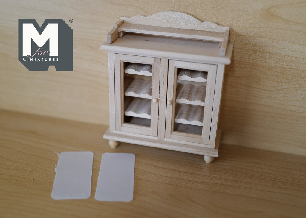 1:12 Scale Miniature Unpainted Wood Wine Cabinet, 2 Glazed Doors, Scalloped Top, 4-13/16 inch tall, DIY Dollhouse Supply