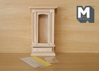 1:12 scale miniature unpainted wood cabinet with mirror door and drawers, shown with separate mirror sheet