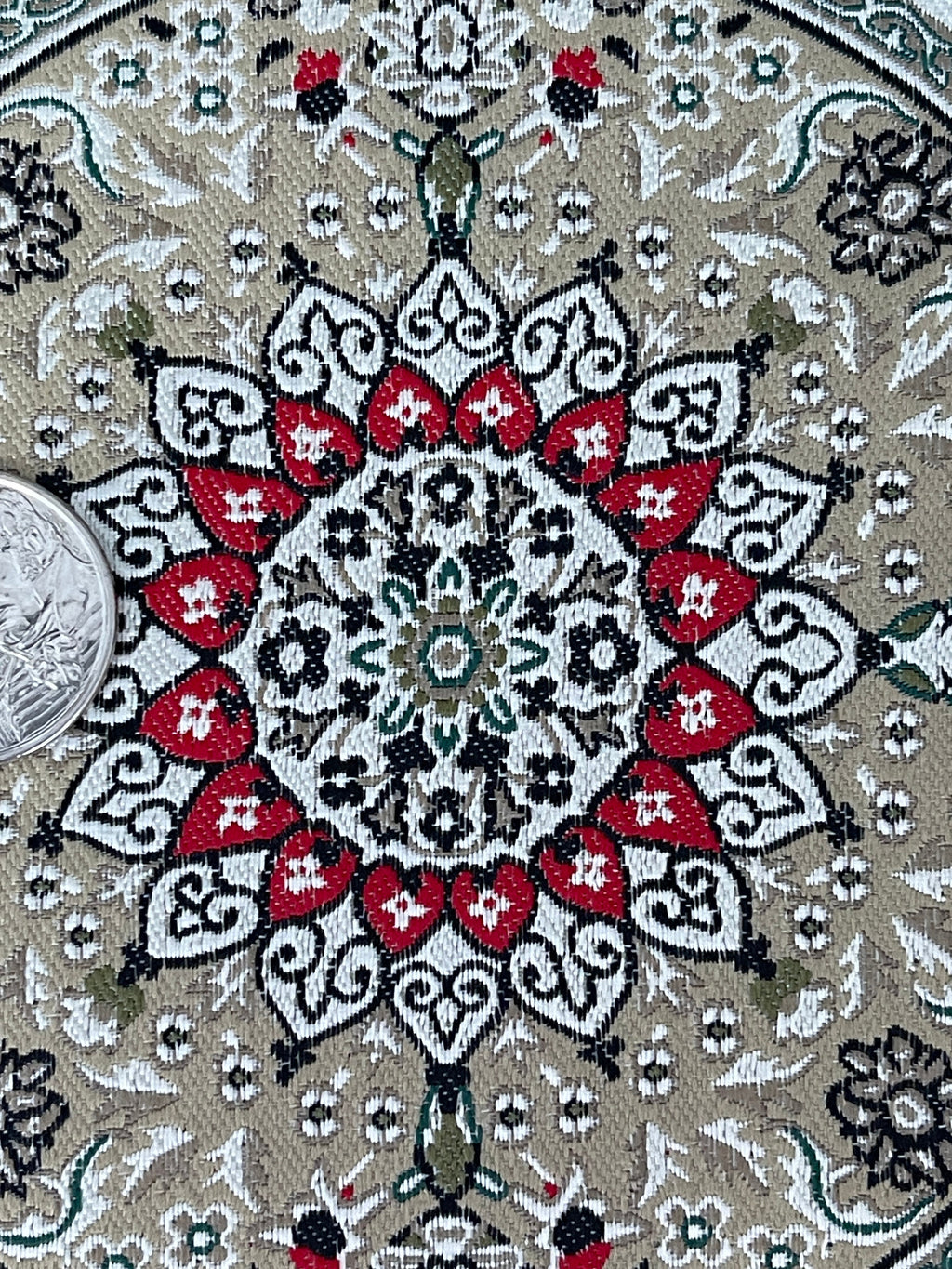 1:12 Scale Miniature Round Area Rug with Medallion and Border, 5-7/16 inch dia., DIY Dollhouse Supply (gray and red)