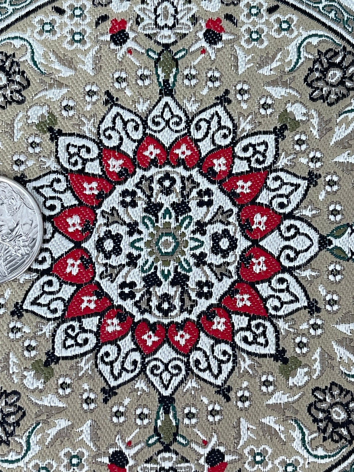 1:12 Scale Miniature Round Area Rug with Medallion and Border, 5-7/16 inch dia., DIY Dollhouse Supply (gray and red)