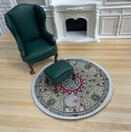 1:12 Scale Miniature Round Area Rug with Medallion and Border, 5-7/16 inch dia., DIY Dollhouse Supply (gray and red)