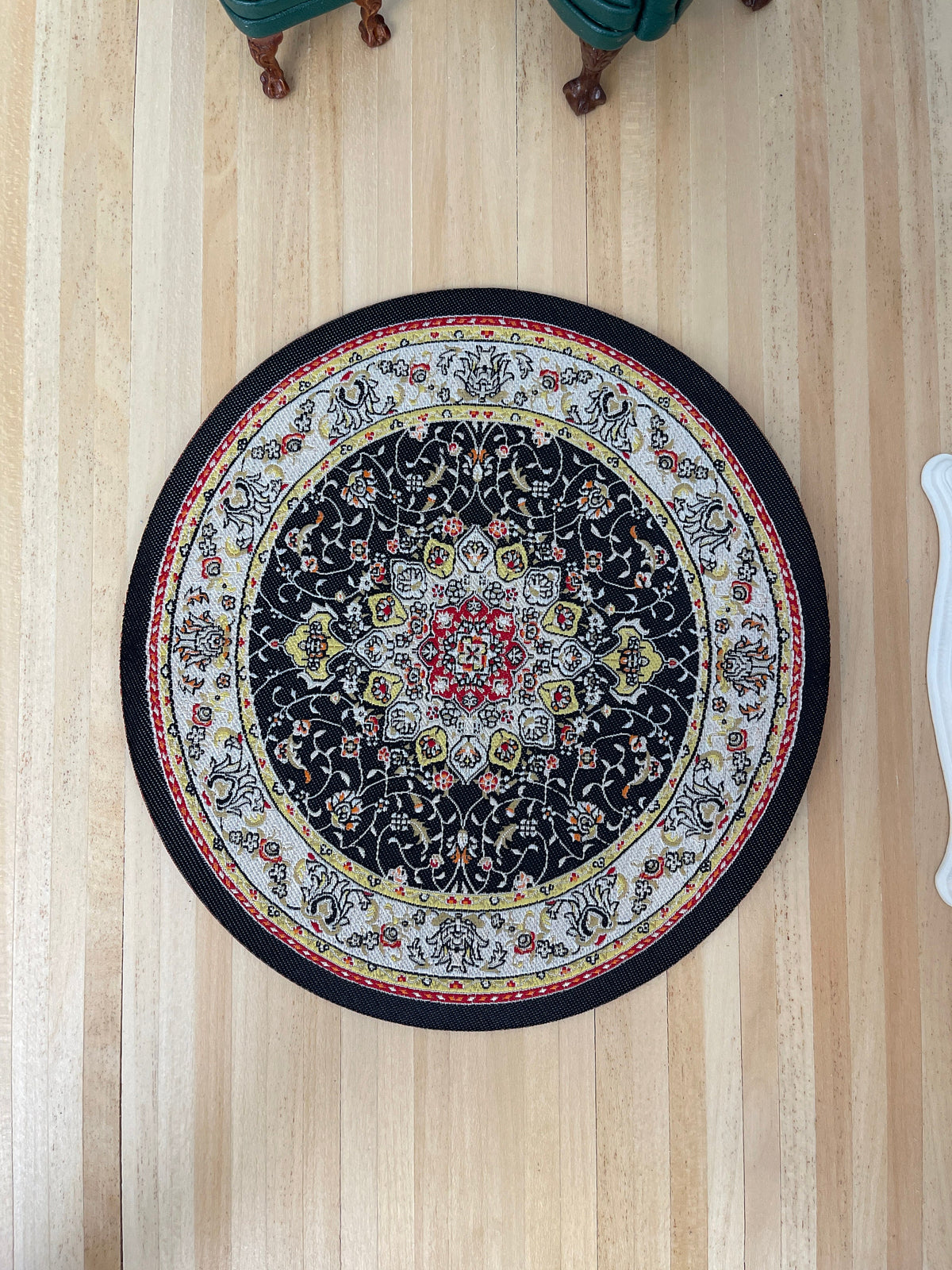 1:12 Scale Miniature Round Area Rug with Victorian Style Medallion, 6-1/2 inch dia., DIY Dollhouse Supply (black)