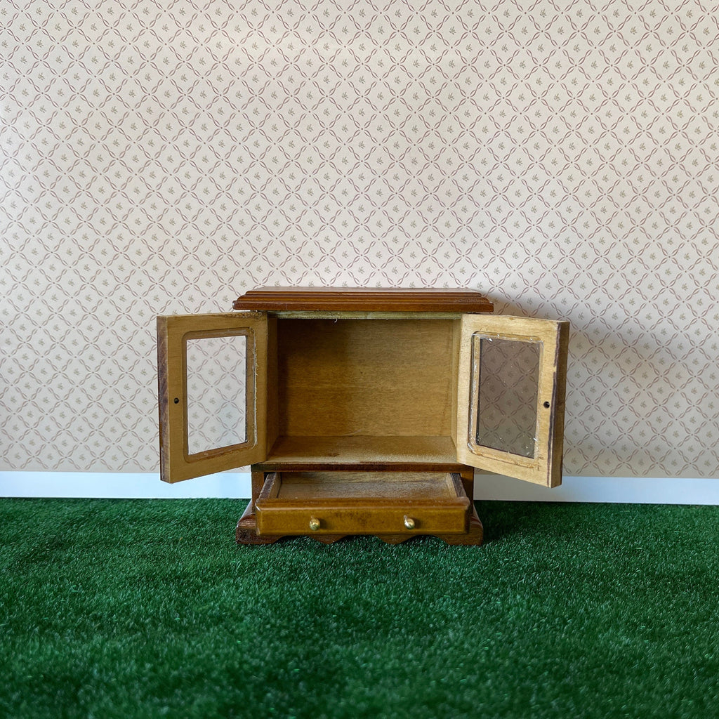 1:12 Scale Miniature Wood Short Display Cabinet with Glass Doors and Drawer, 3-1/8 inch tall, DIY Dollhouse Supply (walnut)