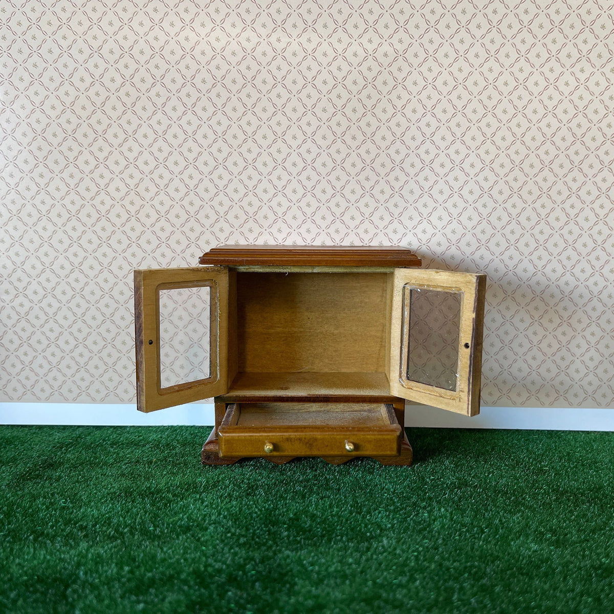 1:12 Scale Miniature Wood Short Display Cabinet with Glass Doors and Drawer, 3-1/8 inch tall, DIY Dollhouse Supply (walnut)