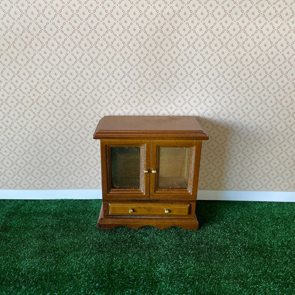1:12 Scale Miniature Wood Short Display Cabinet with Glass Doors and Drawer, 3-1/8 inch tall, DIY Dollhouse Supply (walnut)