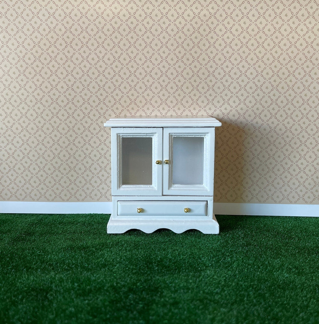 1:12 Scale Miniature Wood Display Cabinet Sideboard with Glass Doors and 2 Drawers, 3-1/8 inch tall, DIY Dollhouse Supply (white)