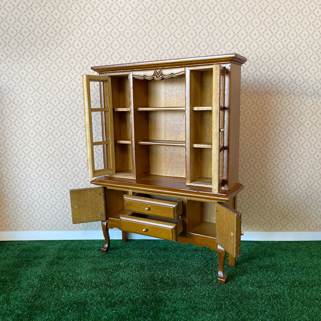 1:12 Scale Miniature Wood Display Cabinet with Glass Doors, 9 Shelves and 2 Drawers, 5-15/16 inch tall, DIY Dollhouse Supply (honey)