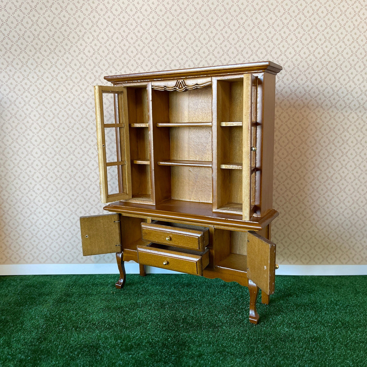 1:12 Scale Miniature Wood Display Cabinet with Glass Doors, 9 Shelves and 2 Drawers, 5-15/16 inch tall, DIY Dollhouse Supply (honey)